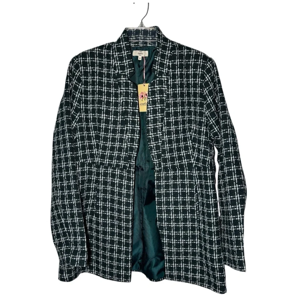 Entro‎ Green Monochrome Plaid Blazer Jacket Collarless